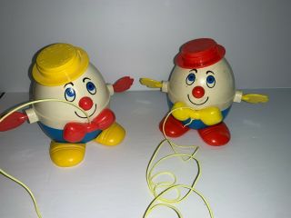 (2) Vintage Fisher Price 736 Classic Humpty Dumpty Pull Toys Red Hat/yellow Hat