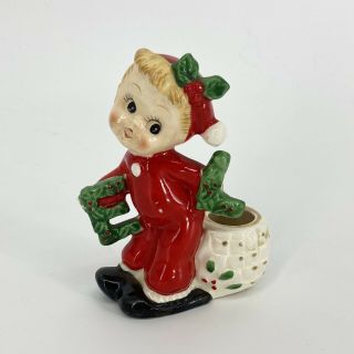 Vintage Christmas Planter Bud Vase Red Green Pixie Elf Japan Ceramic Cute Lashes