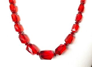 Antique Art Deco Czech Cherry Red Crystal Faceted Glass Bead Necklace