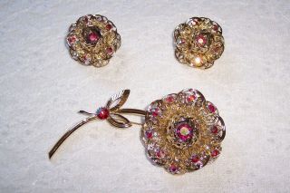 Vintage Sarah Coventry Fashion Flower Brooch And Earring Set