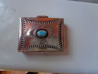 Vintage Or Antique Old Sterling Turquoise Navajo Stamped Pill Box