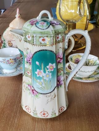 Vintage Porcelain Chocolate/coffee/tea Pot Ribbed 9 " Hand Painted Violets
