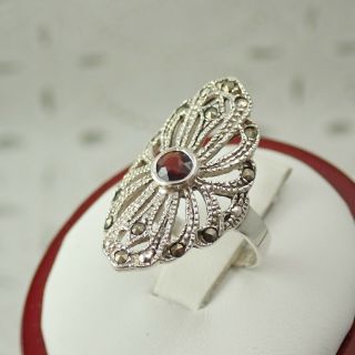 Vtg 925 Sterling Silver Red Garnet Marcasite Art Deco Style Size 6 Ring 3.  4g
