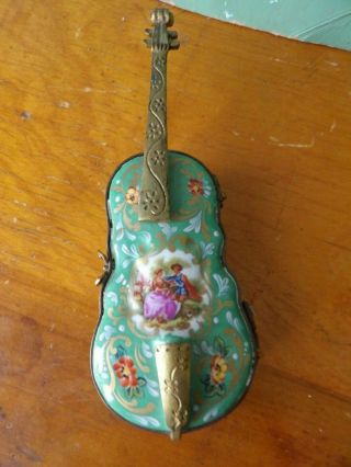 Antique French Trinket Box Figural Violin 6.  5 " Bronze Made In France Porcelain