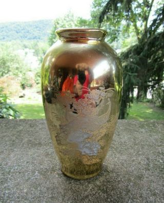Vintage Japanese Gold Vase With Peacock In Bush - Made In Japan 2.  75 X 6.  0”