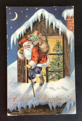 Vintage Christmas Postcard - Santa On Rooftop 1907