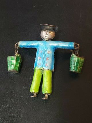 Antique Chinese Export Enamel Pin Brooch Man W/ Water Buckets