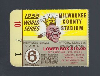 Vintage 1958 World Series York Yankees @ Milwaukee Braves Ticket Stub Game 6
