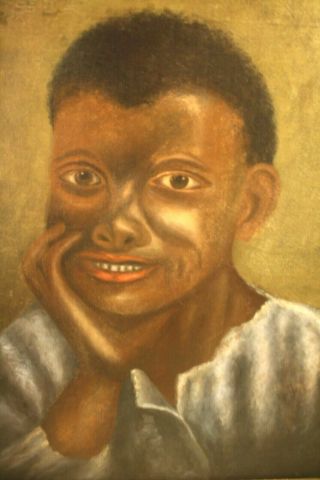 `antique 19thc Americana Folk Art Black Boy Portrait Painting On Canvas Realism