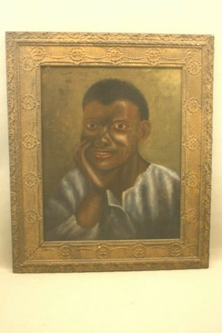 `Antique 19thC Americana Folk Art Black Boy Portrait Painting On Canvas Realism 2