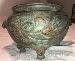 Large Antique Chinese Bronze Censer Dragon Incense Burner Qing Vase Pot