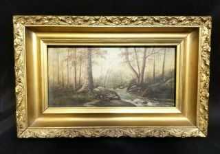 Antique Hand Painted Unsigned Forest Scene 6 " X 12 " And Gold Frame 10 " X 16 "