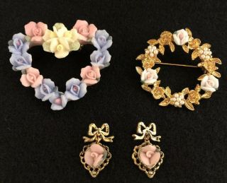 Vintage Porcelain Rose Brooch Victorian Revival Pin Jewelry Earrings Set Of 3