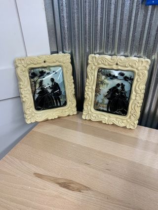 Vintage Reverse Painted Bubble Glass Courting Couple Framed Set Of (2)