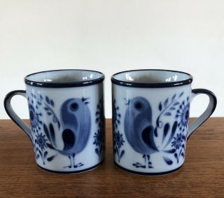 Vintage Nordic Hand Painted Blue Bird Flower Coffee Cups Mug (2) Cj Peterson Mcm