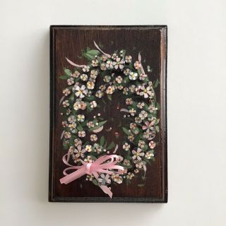 Vintage Nail Head Wreath Pink Hand Painted Floral Wall Art Decor Wood 4x6 Plaque