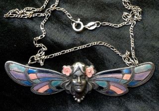 Fine Antique French Silver Plated ? Enamel Art Nouveau Lady Butterfly Pendant