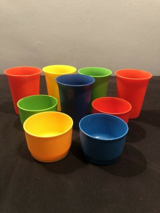 Vintage Primary Colors Tupperware Set Of 5 Bell Tumblers & 4 Snack Cups