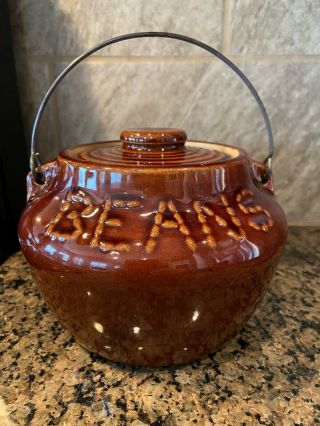 Vintage Brown Glazed Stoneware Bean Pot With Metal Handle & Lid “beans”