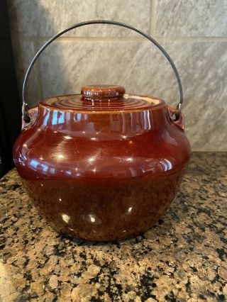 Vintage Brown Glazed Stoneware BEAN POT With Metal Handle & Lid “Beans” 2