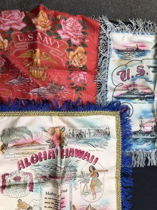 3 Vintage 1940’s Silk Navy Pillow Cases Hawaii,