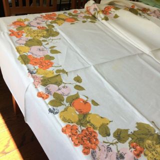 Mid Century Vtg Tablecloth Crisp Linen Pink Orange Avocado Fruit Vegetables 80x5