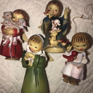 4 Vintage Angel Christmas Ornaments Hard Plastic Hummel Style Holding Animals