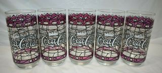 Vintage Coca - Cola Purple Tiffany Style Stained Glass Drinking Glasses - Set Of 5