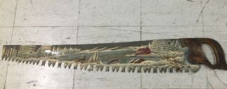 Vintage Hand Painted Saw - Folk Art - Waterfront Farm In Fall.  29 Inches.