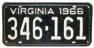 Vintage Black Virginia 1966 License Plate,  346 - 161,  Quality