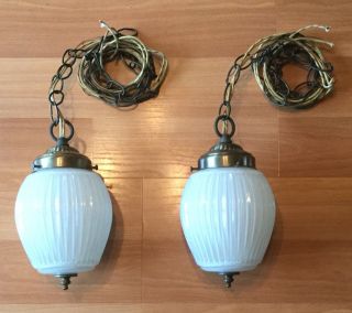 Vtg Antique Hanging Ribbed Glass Swag Lamp Light Fixture Chain Cloth Wire Pair