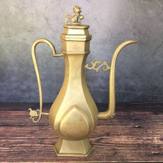 Vintage Brass Ornate Tea Pot W/ Figural Handle Lid Spout Unmarked