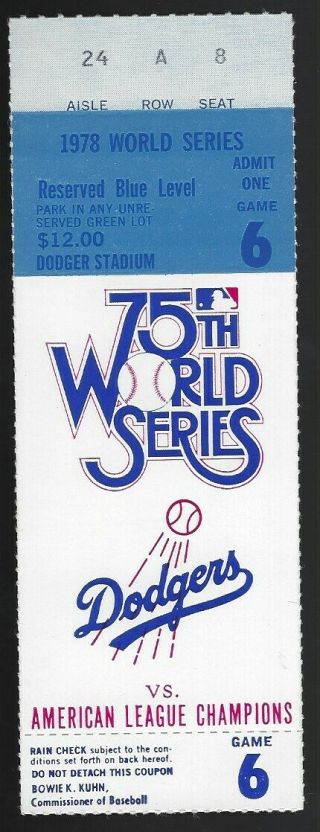 1978 Los Angeles Dodgers World Series Game 6 Ticket Stub - Jackson Lopes Hrs