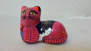 Vtg Small Cat Figurine Colorful Hand Painted Terra Cotta Pottery Mexico Folk Art