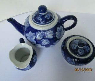 Vintage Tea Set Cobalt Blue With White Ceramic Tea Pot With Creamer And Sugar