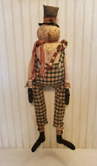 Primitive Grungy Tall Christmas In July Snowman Doll & Candy Cane
