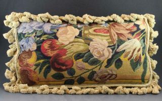 Semi Antique Wool Needlepoint Decorative Throw Pillow W/ Tassels Flowers & Fruit