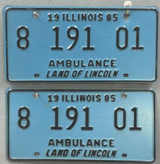 License Plate Vg - 1985 Illinois Ambulance Plates Tag Tags Rescue Ems Pair