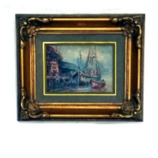 Vintage Antique Ornately Framed Small Oil Painting Fishing Boat Wharf Dinghy