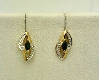 Sapphire & Diamond Earrings - 14k Yellow Gold - Vintage,  Estate - Two - Tone Earrings