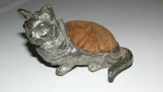 Antique Victorian Pewter Metal? Cat Kitten Pin Cushion Brown Velvet Cushion
