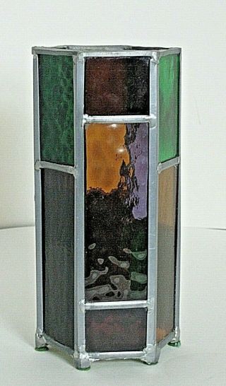 Candle Holder Pillar Leaded Stained Glass Hand Made Unique 8.  5 " Tall Vintage