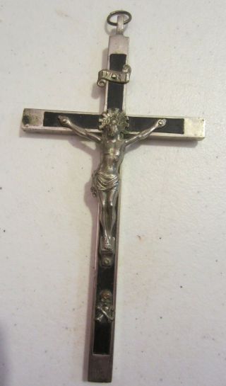 Antique Pectoral Crucifix Wood Inlaid Skull & Crossbones Germany