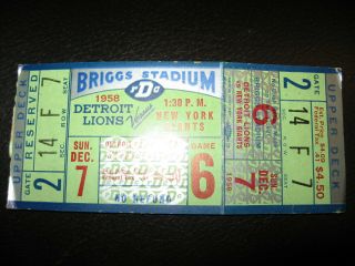1958 Detroit Lions Vs.  York Giants Football Ticket
