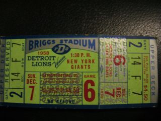 1958 Detroit Lions Vs.  York Giants Football Ticket 2