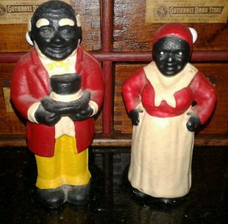Antique Vintage Black Americana Cast Iron Coin Banks Uncle Moses And Mammy