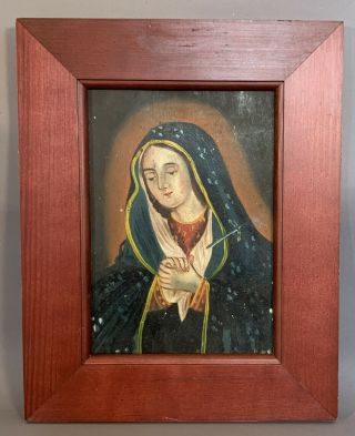 19thc Antique Victorian Era Religious Icon Old Mary Portrait Painting On Tin