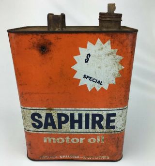 Vtg Gulf Saphire Supreme Motor Oil 2 Gallon Tin Can 50’s Man Cave Rustic Decor