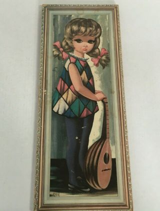 Vintage Big Eye Moppet Girl With Mandolin Wall Hanging Plaque Print Picture Eden
