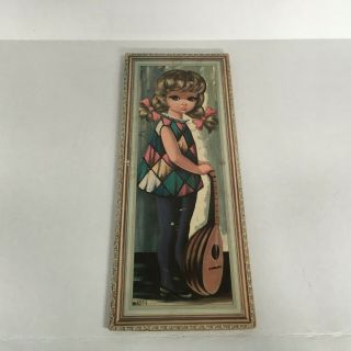 Vintage big eye moppet girl with mandolin wall hanging plaque print picture Eden 2